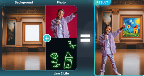 A child in a stylish outfit poses in an art gallery, with a colorful painting in the background.