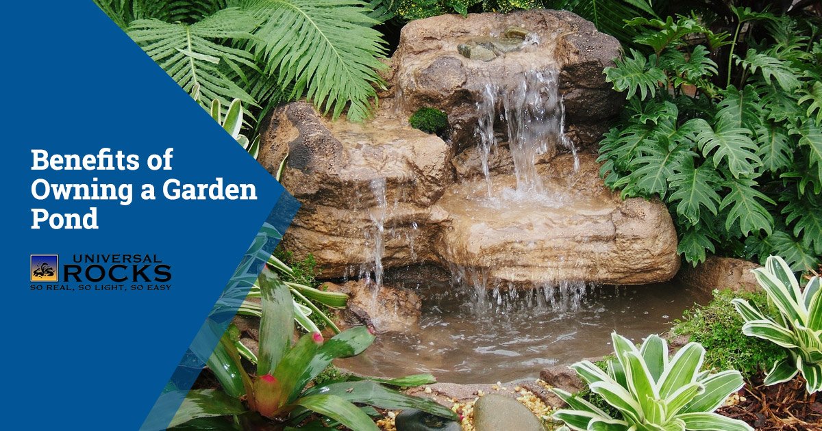 faux rock pond with waterfall in garden with plants