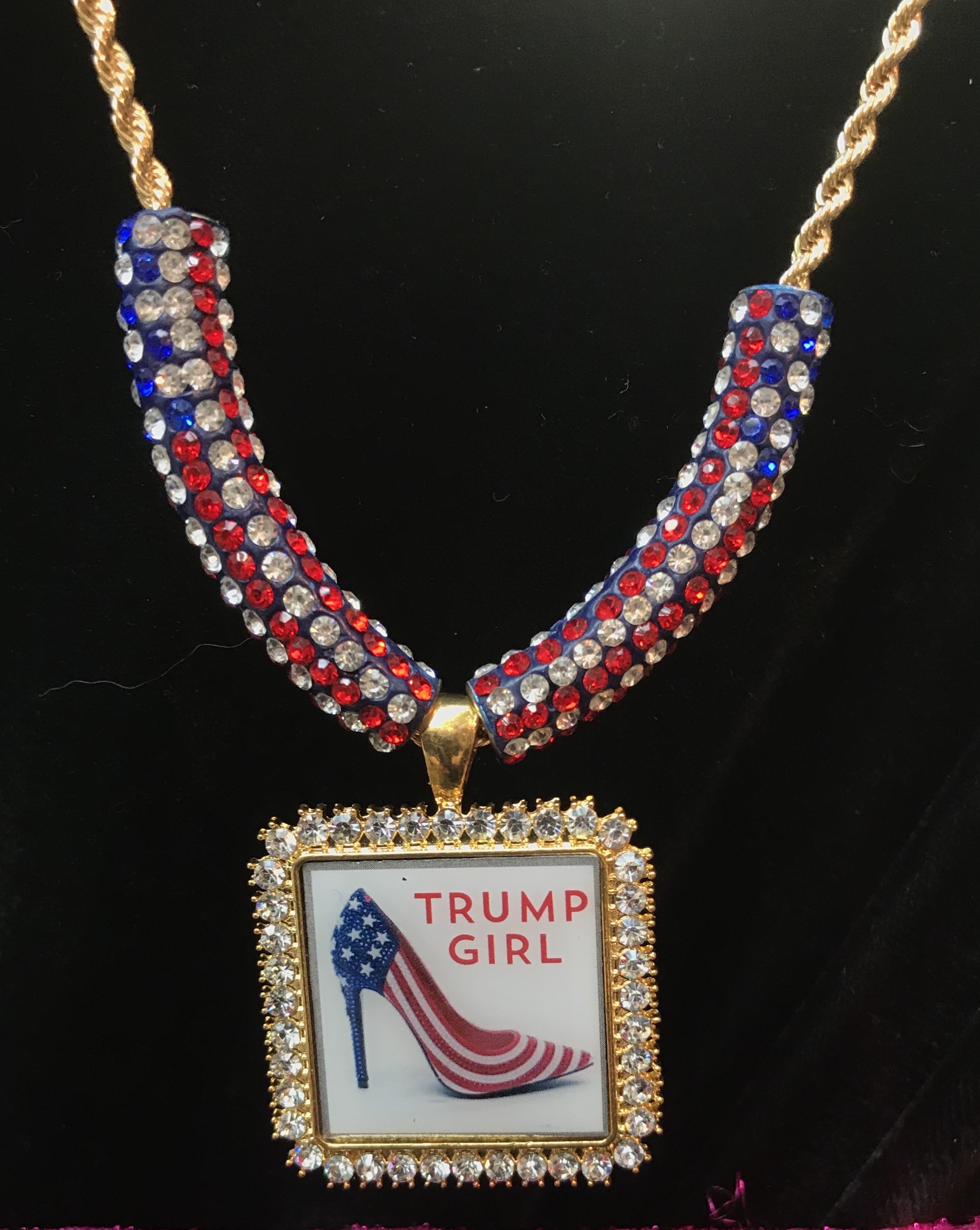 Trump Girl combo $139.95 comes with 24” rope chain and 2 crystal flags