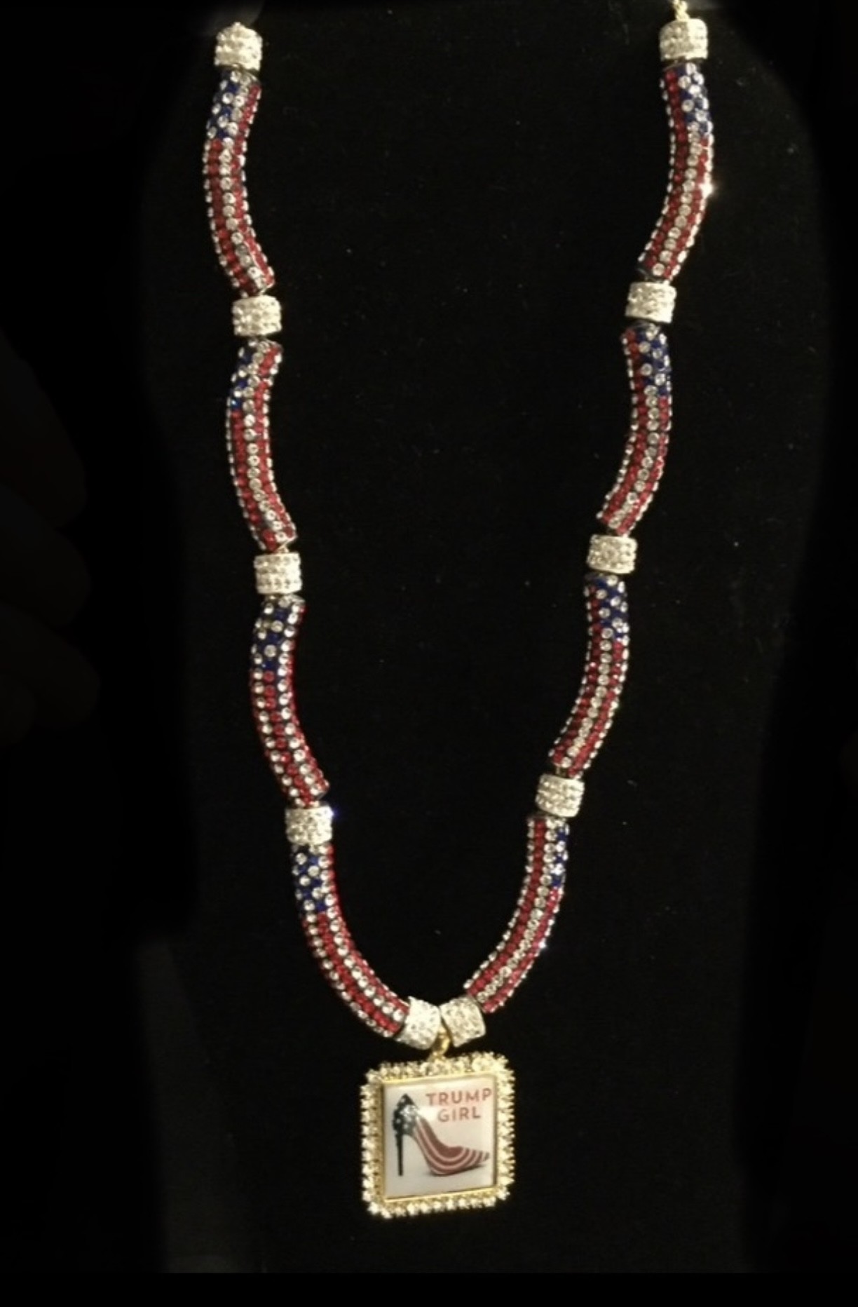 Trump complete  set  on a 30” rope chain with 8 crystal flag tube and 10 crystal spacers $199