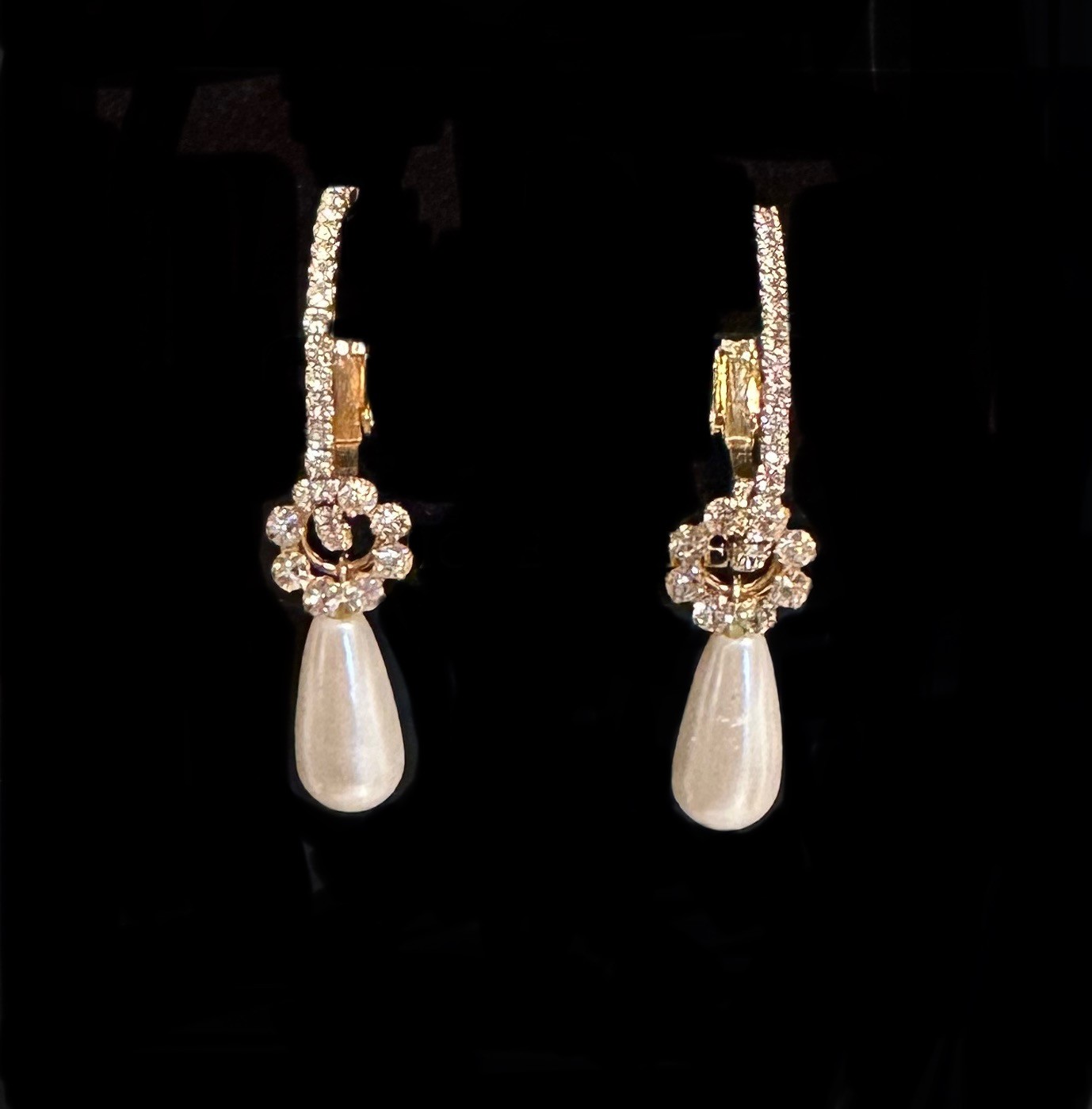 Pearl drops with crystal hoops $82