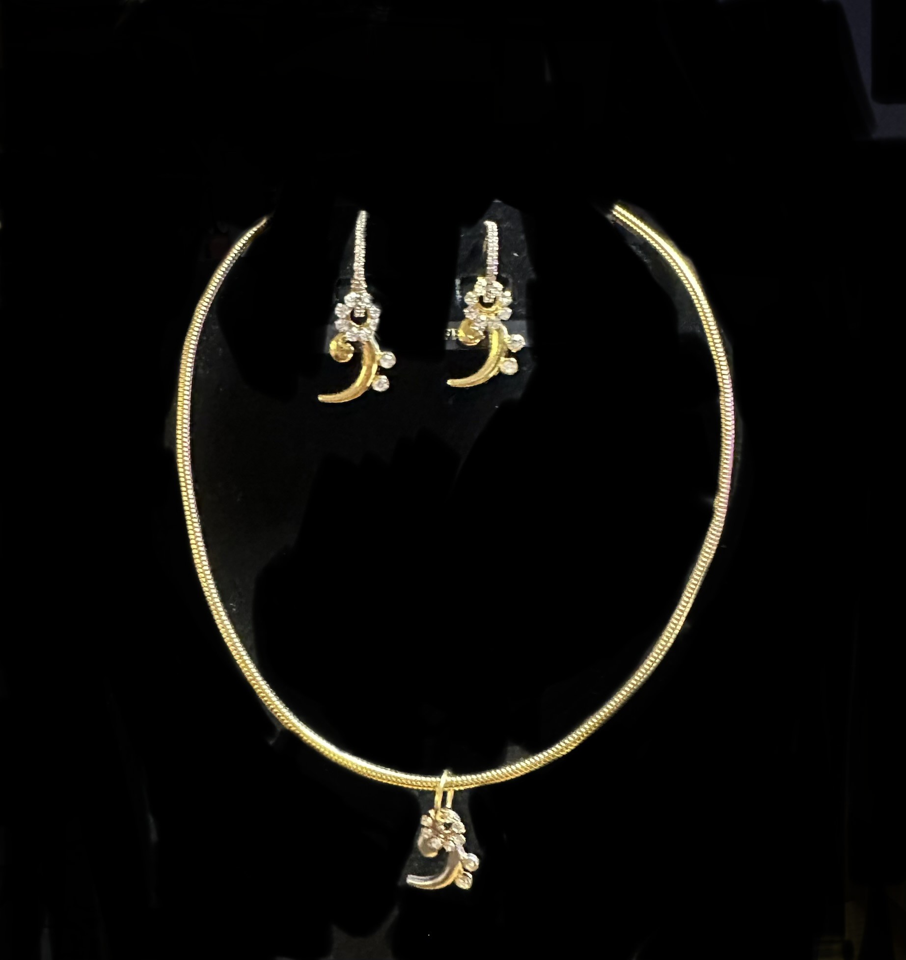 Bass clef complete necklace and earring set with crystal hoops and push and pull necklace