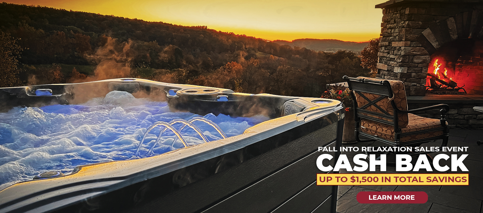 PDC Spas hot tub with outdoor fireplace overlooking sunset