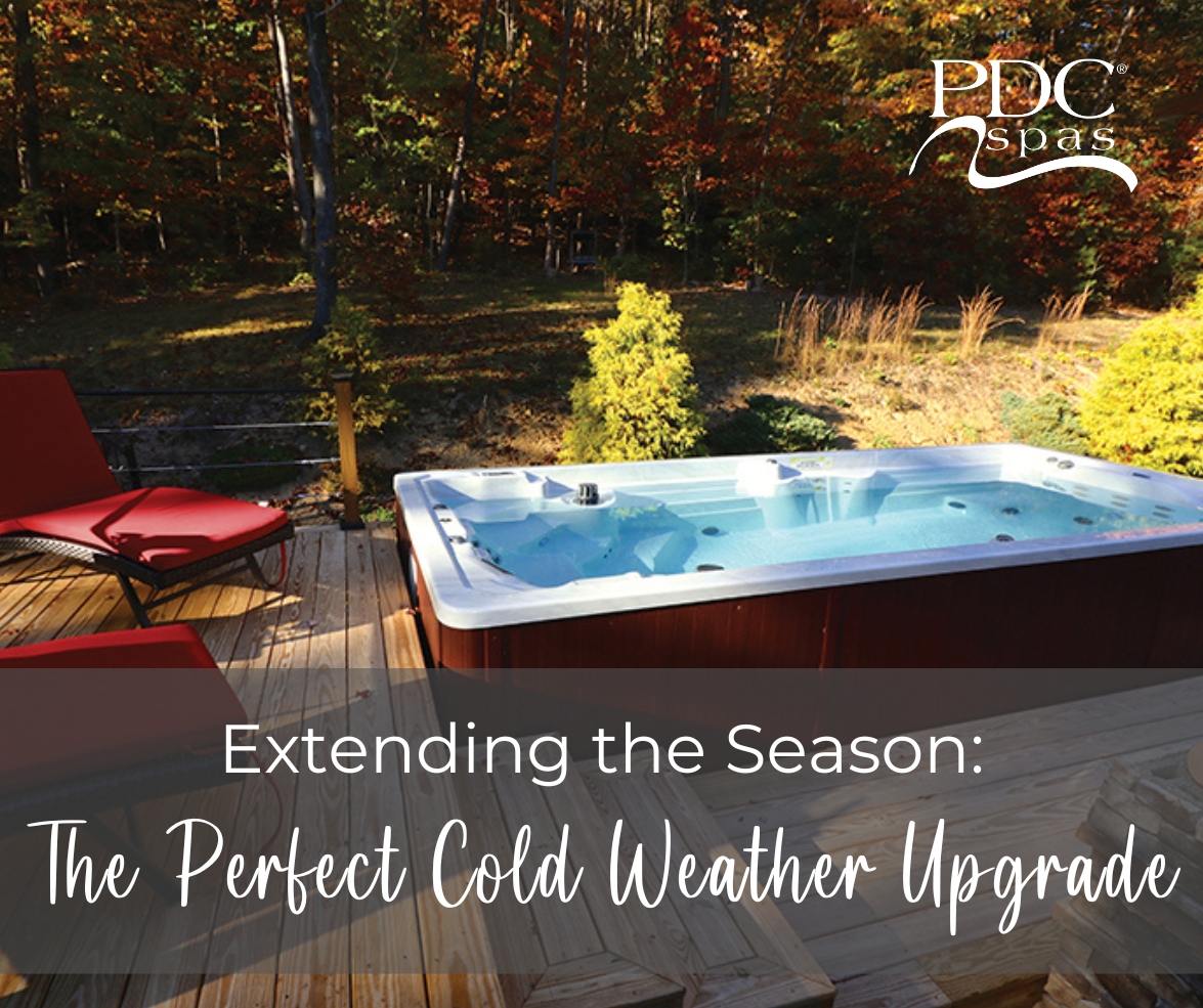 PDC spas swim spa in the Fall with deck and seating surrounding it