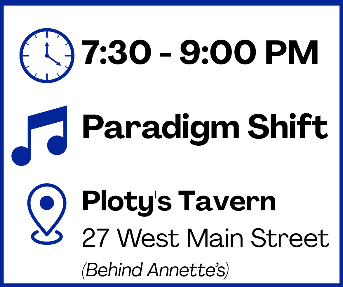 Event: Paradigm Shift, 7:30-9:00 PM at Plotys Tavern, 27 West Main Street Behind Annette’s.