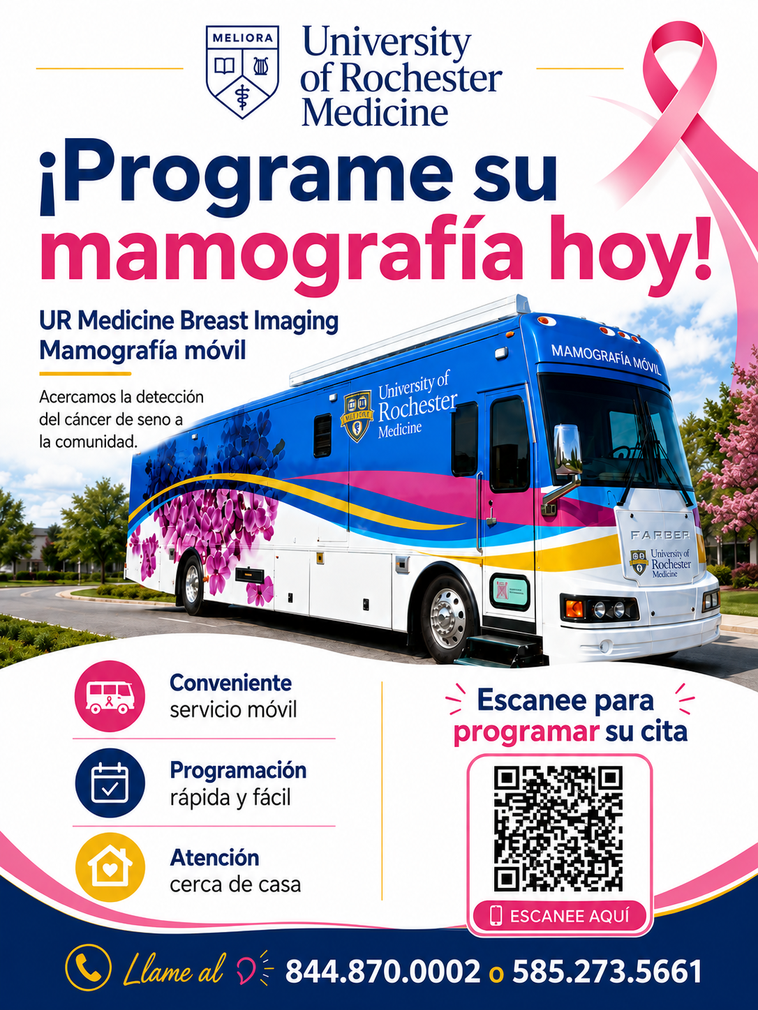 Flyer in Spanish with telephone number to schedule mobile mammogram by calling 844-870-0002