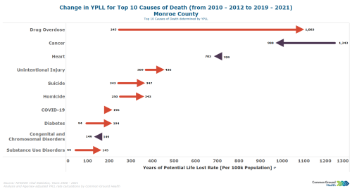 Change in YPLL for Top 10 Causes of Death (from 2010 - 2012 to 2019 - 2021)