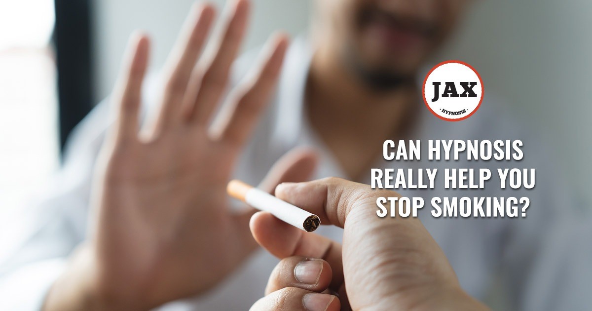 A person refuses a cigarette offered to them, with text asking if hypnosis can help stop smoking.