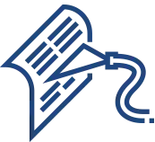 Dark blue stylized quill pen with a flowing ink trail on a transparent background.