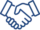 Blue line drawing of two hands shaking in a handshake gesture.