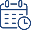 Blue calendar icon with a clock symbol in the bottom right corner.