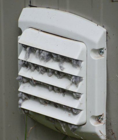 White exterior vent with grey lint and debris stuck in the slats.
