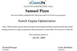 Sam Pizzo Search Engine Optimization Certificate