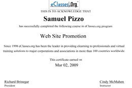 Sam Pizzo Web Site Promotion Certificate