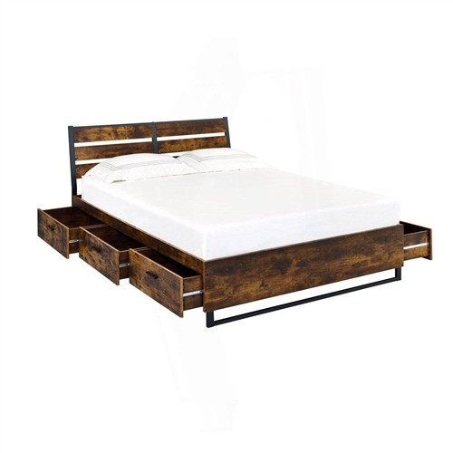 King Size Rustic Oak Wood Platform Bed Frame with 6 Storage Drawers and Slatted Headboard