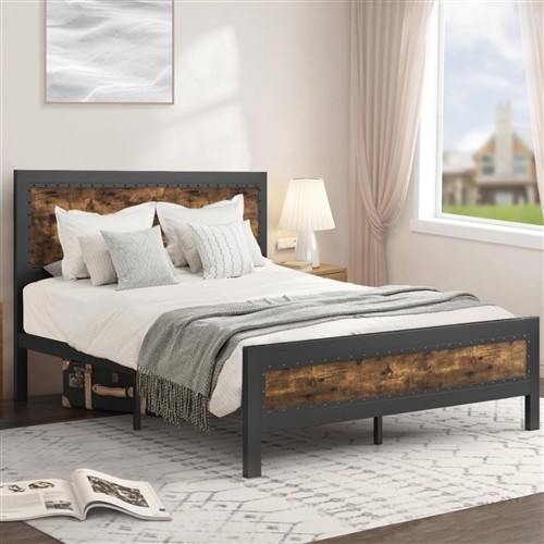 Full Size Black Metal Platform Bed Frame with Rustic Brown Riveted Headboard and Footboard