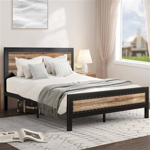 Queen Size Black Metal Platform Bed Frame with Riveted Light Brown Wood Headboard and Footboard