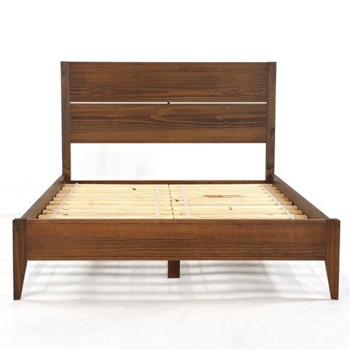 Full Size Rustic Walnut Wood Platform Bed Frame with Slatted Headboard