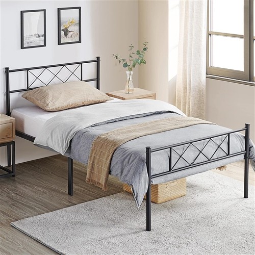 Twin Size Traditional Black Metal Platform Bed Frame with Metal Slatted Headboard and Footboard