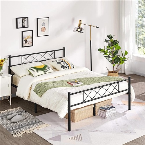 Queen Size Traditional Black Metal Platform Bed Frame with Metal Slatted Headboard and Footboard