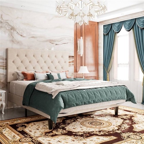 King Size Beige Upholstered Platform Bed Frame with Adjustable Button Tufted Headboard