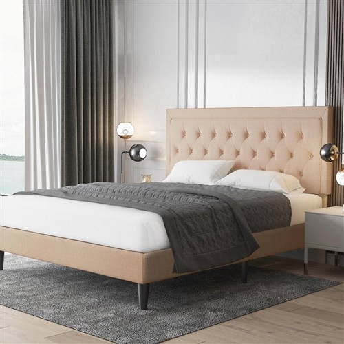 King Size Beige Upholstered Platform Bed Frame with Button Tufted Headboard