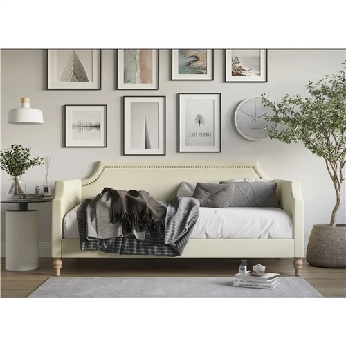 Twin Size Biege Polyester Upholstered Day Bed Frame with Nailhead Trim