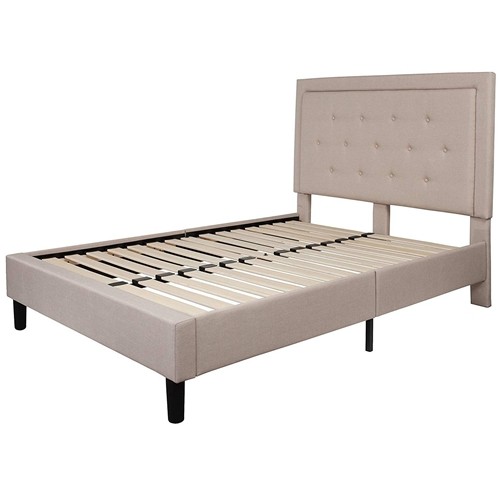 Full Size Beige Upholstered Bed Frame with Button Tufted Headboard