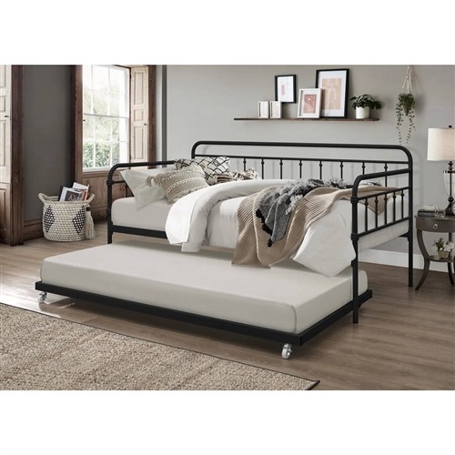 Twin Size Traditional Black Metal Day Bed Frame with Twin Trundle Bed