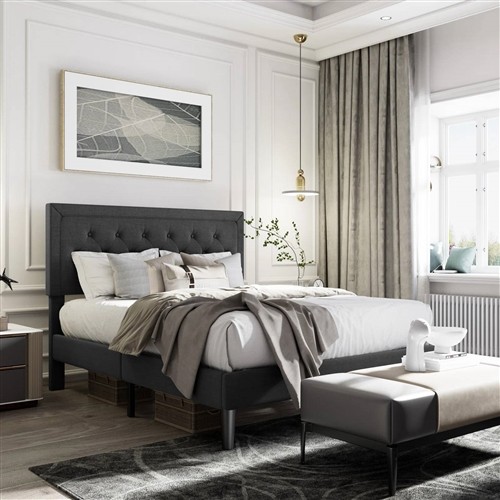 Full Size Black Upholstered Platform Bed Frame with Black Button-Tufted Headboard