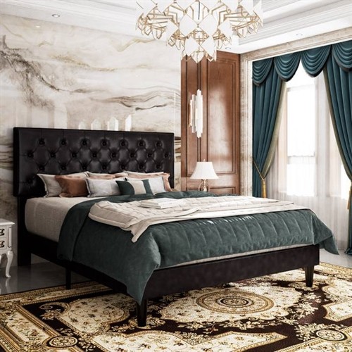 Full Size Black Faux Leather Upholstered Platform Bed Frame with Button-Tufted Headboard
