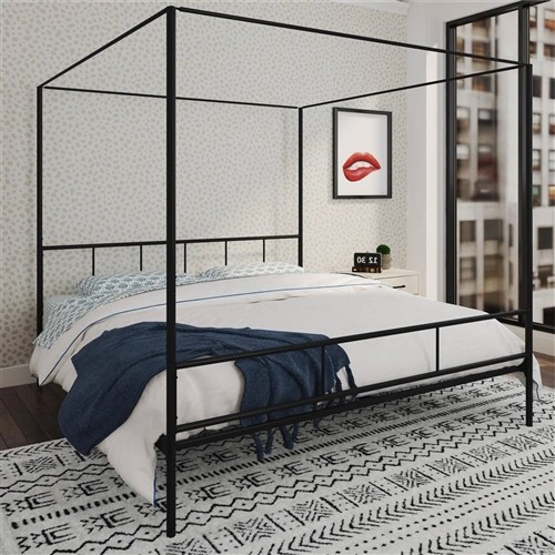 King Size Black Metal Canopy Bed with Headboard and Footboard