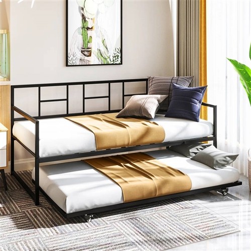 Twin Size Minimalist Black Metal Day Bed Frame with Twin Trundle Bed