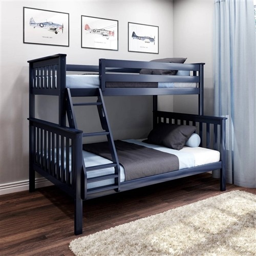 Twin over Full Size Dark Navy Blue Solid Wood Bunk Bed Frame