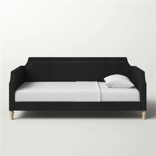 Twin Size Black Polyester Upholstered Day Bed Frame with Nailhead Trim