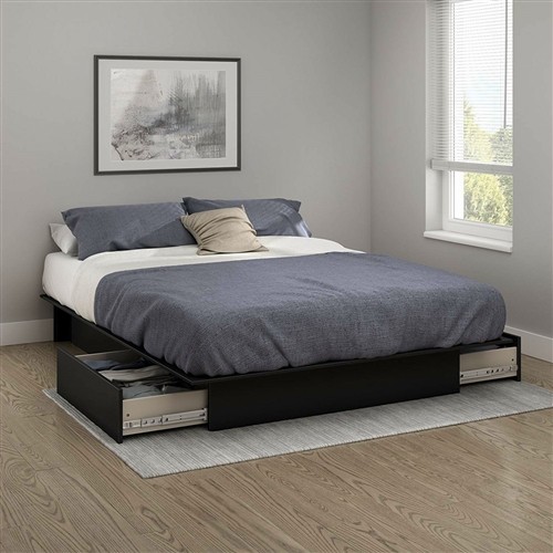 Queen Size Black Wood Platform Bed Frame with 2 Storage Drawers