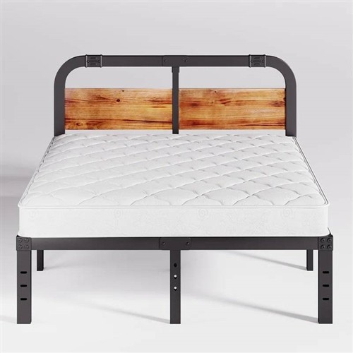 California King Size Industrial Black Metal Platform Bed Frame with Rustic Wood Panel Headboard