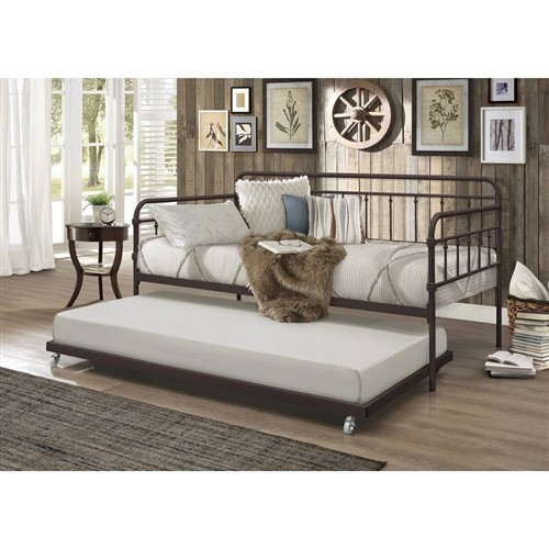 Twin Size Traditional Copper Brown Metal Day Bed Frame with Twin Trundle Bed