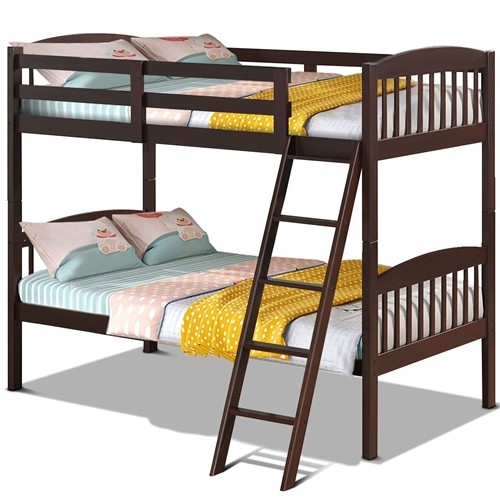 Twin over Twin Size Dark Brown Wood Bunk Bed Frame