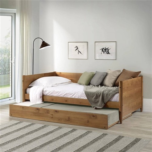 Twin Size Medium Brown Solid Wood Day Bed Frame with Twin Trundle Bed