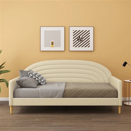 Twin Size Mid-Century Off-White Velvet Upholstered Day Bed Frame
