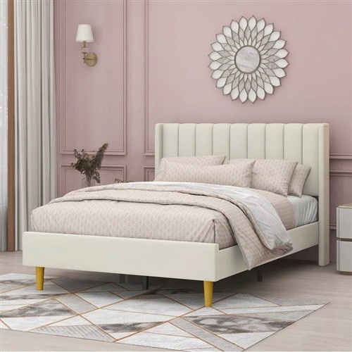 Full Size Mid-Century Cream Velvet Upholstered Platform Bed Frame with Headboard