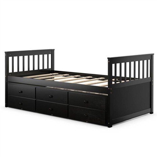 Twin Over Twin Size Dark Brown Wood Captains Bed Frame with Pull Out Trundle Bed and 3 Storage Drawers