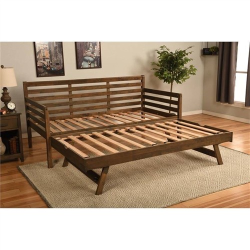 Twin Size Walnut Solid Wood Day Bed Frame with Pull-Out/Pop-Up Twin Trundle Bed