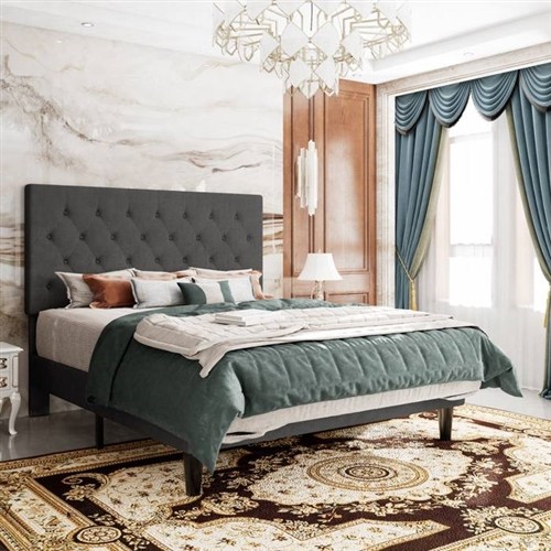 King Size Grey Upholstered Platform Bed Frame with Adjustable Button Tufted Headboard