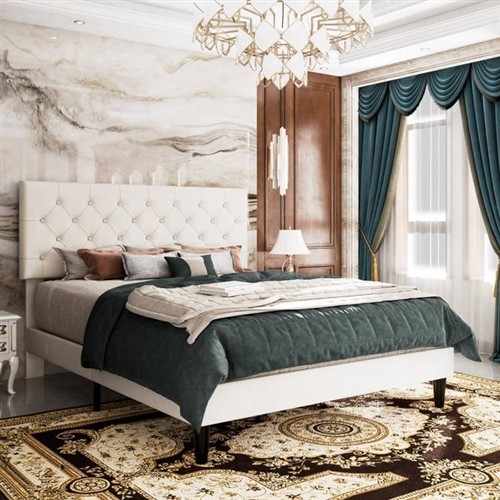 Full Size White Faux Leather Upholstered Platform Bed Frame with Button-Tufted Headboard