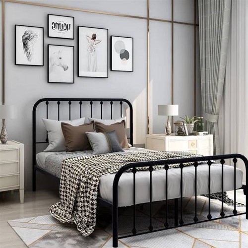 Full Size Black Metal Bed Frame with Slatted Headboard and Footboard