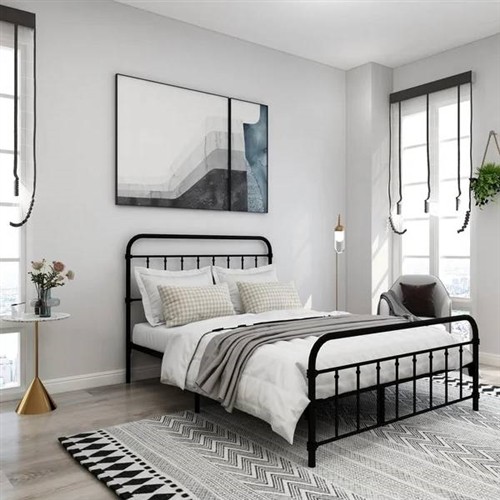 Full Size Black Metal Bed Frame with Rounded Headboard and Footboard