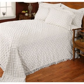 Full Size Beige 100% Chenille Cotton Bedspread with Fringe Edges