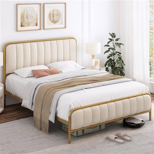 Full Size Gold Metal Platform Bed Frame with Off-White Upholstered Headboard